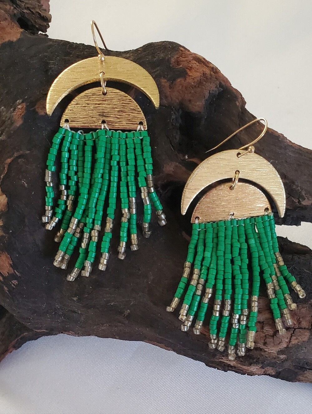 Boho, Seed Bead, Fringe Earrings, Tassel, Crescent Moon, Arch Jewelry, Emerald